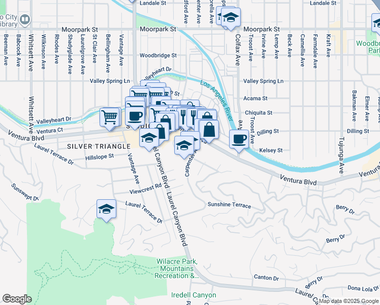 map of restaurants, bars, coffee shops, grocery stores, and more near 3947 Carpenter Avenue in Los Angeles