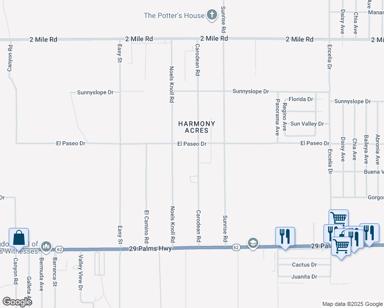 map of restaurants, bars, coffee shops, grocery stores, and more near 6144 Carodean Road in Twentynine Palms