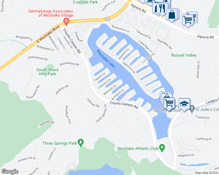 map of restaurants, bars, coffee shops, grocery stores, and more near 3819 Mainsail Circle in Westlake Village