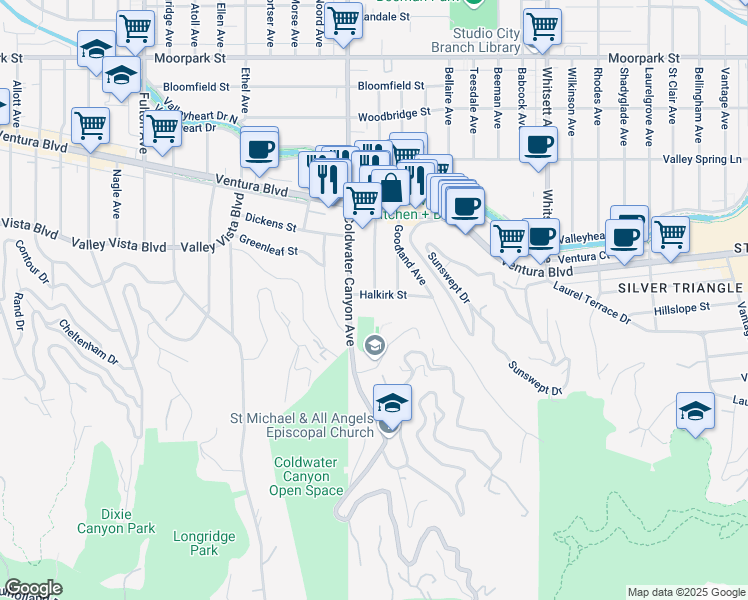 map of restaurants, bars, coffee shops, grocery stores, and more near 12826 Halkirk Street in Los Angeles