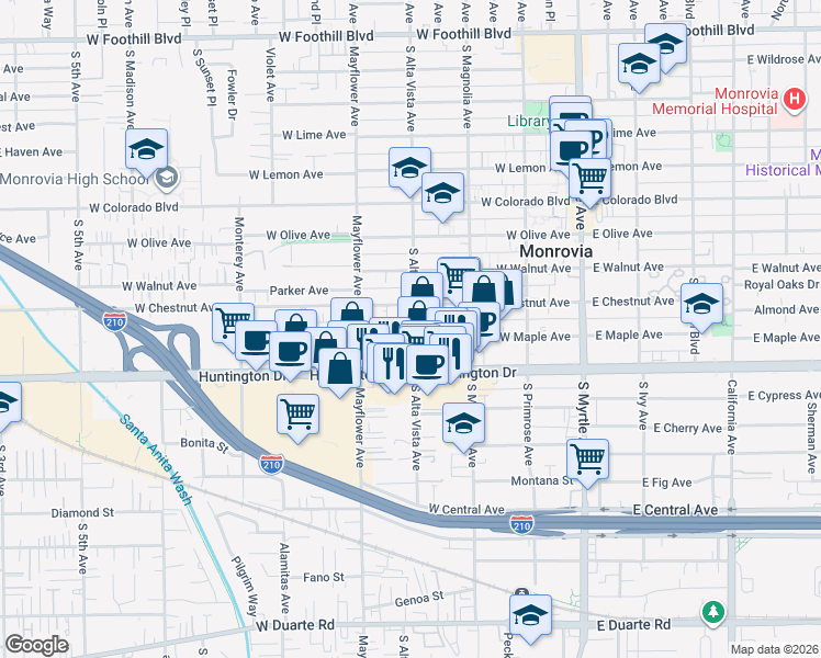 map of restaurants, bars, coffee shops, grocery stores, and more near 411 West Maple Avenue in Monrovia