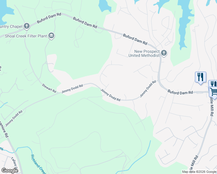 map of restaurants, bars, coffee shops, grocery stores, and more near 1725 Ambercrest Place in Buford