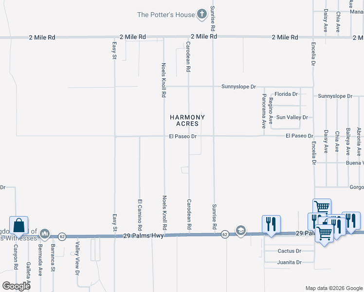 map of restaurants, bars, coffee shops, grocery stores, and more near 6164 Carodean Road in Twentynine Palms