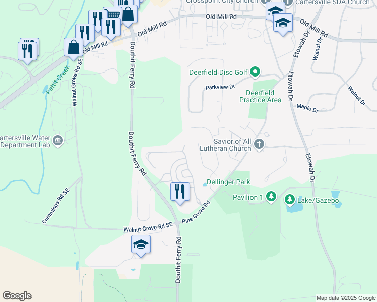 map of restaurants, bars, coffee shops, grocery stores, and more near 18 Stratford Lane in Cartersville