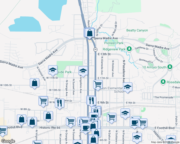 map of restaurants, bars, coffee shops, grocery stores, and more near 1122 North San Gabriel Avenue in Azusa