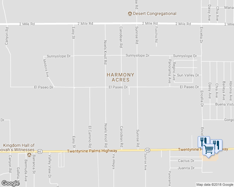 map of restaurants, bars, coffee shops, grocery stores, and more near 6144 Carodean Road in Twentynine Palms