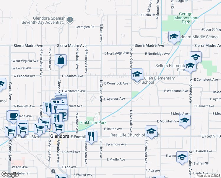 map of restaurants, bars, coffee shops, grocery stores, and more near 535 East Whitcomb Avenue in Glendora