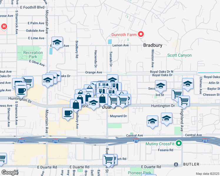 map of restaurants, bars, coffee shops, grocery stores, and more near 932 Buena Vista Street in Duarte