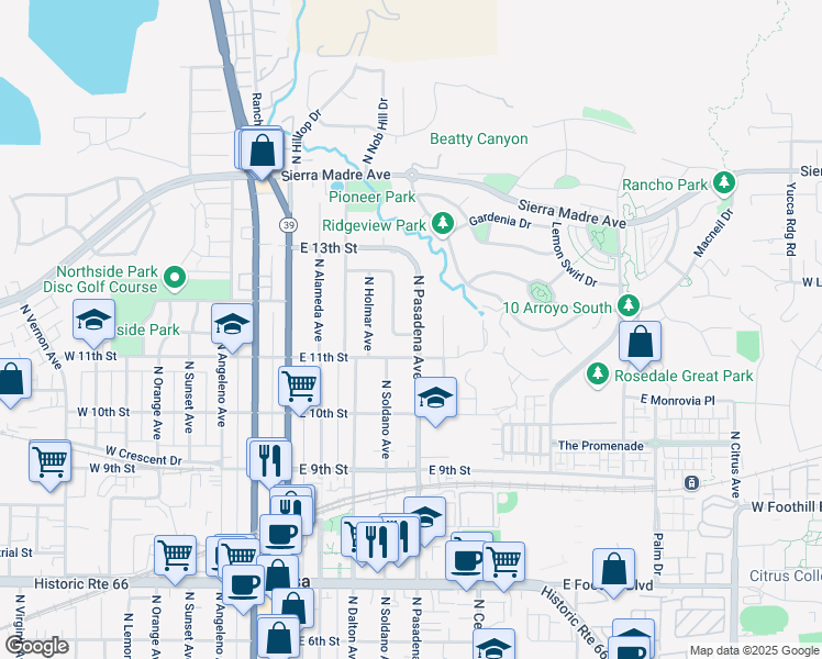 map of restaurants, bars, coffee shops, grocery stores, and more near 1109 North Soldano Drive in Azusa