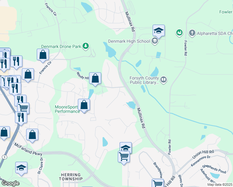 map of restaurants, bars, coffee shops, grocery stores, and more near 225 Stonebrier Lane in Alpharetta