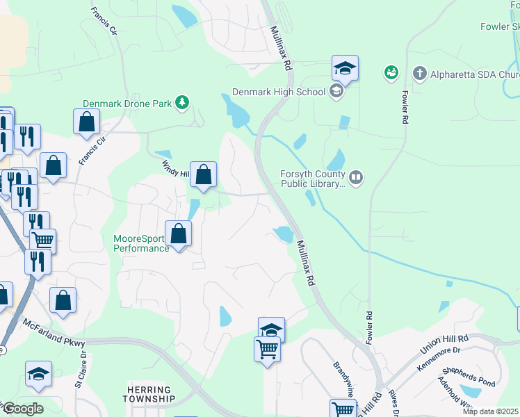 map of restaurants, bars, coffee shops, grocery stores, and more near 210 Ashland Court in Alpharetta