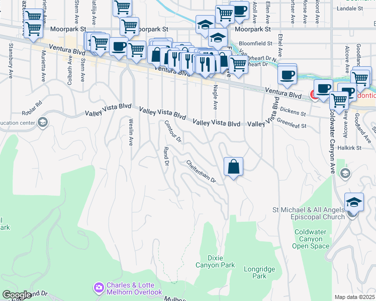 map of restaurants, bars, coffee shops, grocery stores, and more near 13475 Rand Drive in Los Angeles