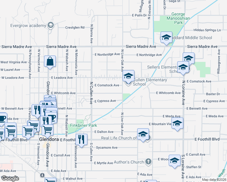 map of restaurants, bars, coffee shops, grocery stores, and more near 618 East Whitcomb Avenue in Glendora