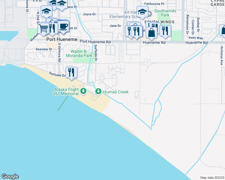 map of restaurants, bars, coffee shops, grocery stores, and more near 751 Reef Circle in Port Hueneme