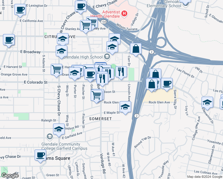 map of restaurants, bars, coffee shops, grocery stores, and more near 325 Lafayette Street in Glendale