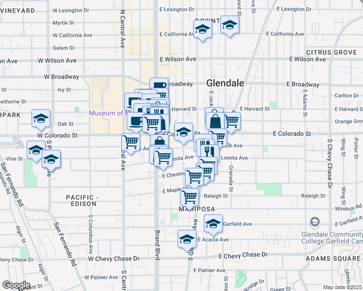 map of restaurants, bars, coffee shops, grocery stores, and more near 415 East Elk Avenue in Glendale