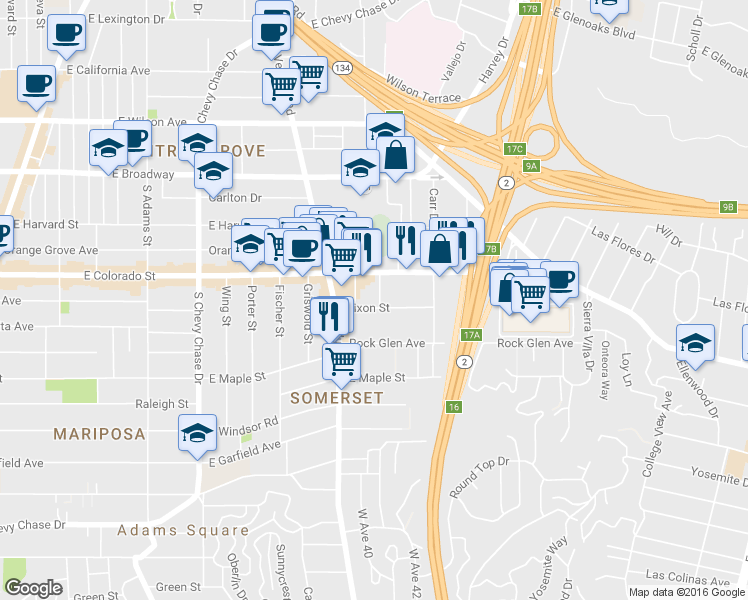 map of restaurants, bars, coffee shops, grocery stores, and more near 325 Lafayette Street in Glendale