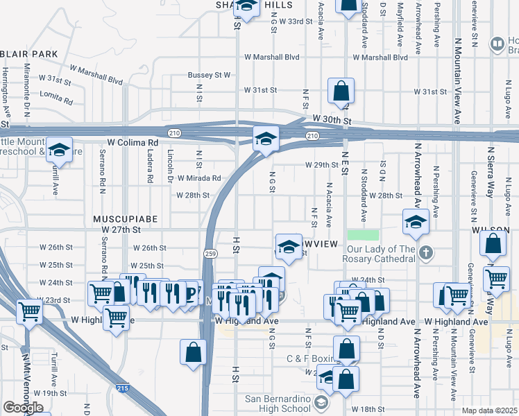 map of restaurants, bars, coffee shops, grocery stores, and more near 2748 North Crescent Avenue in San Bernardino