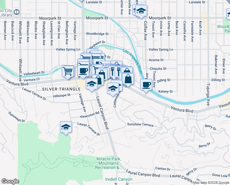 map of restaurants, bars, coffee shops, grocery stores, and more near 11912 Laurelwood Drive in Los Angeles