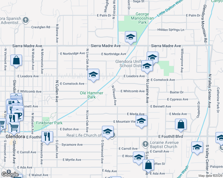 map of restaurants, bars, coffee shops, grocery stores, and more near 409 North Elwood Avenue in Glendora