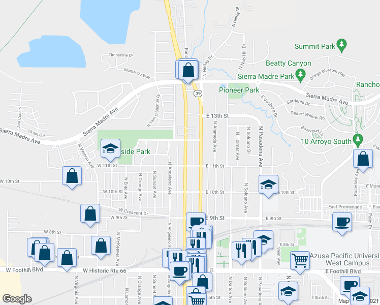 map of restaurants, bars, coffee shops, grocery stores, and more near 1122 North San Gabriel Avenue in Azusa