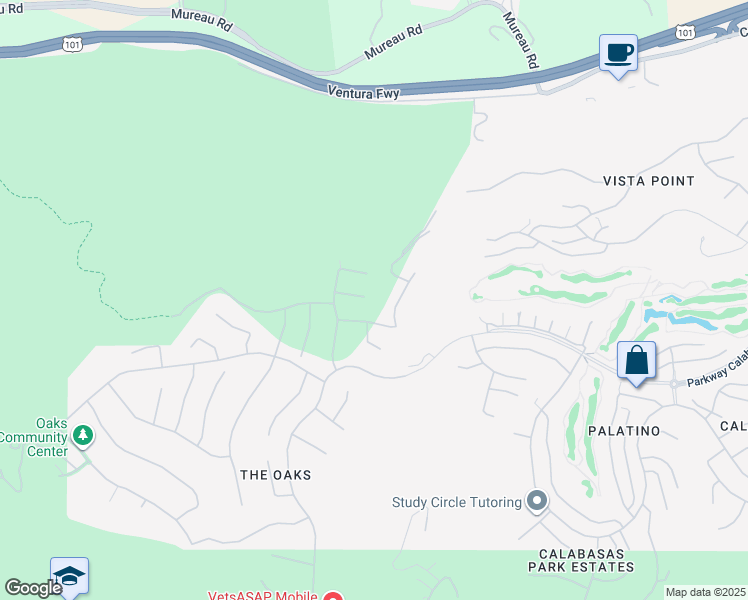 map of restaurants, bars, coffee shops, grocery stores, and more near 25230 Prado De Las Panteras in Calabasas