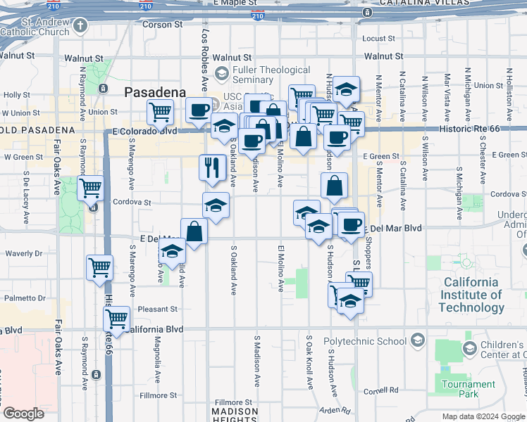 map of restaurants, bars, coffee shops, grocery stores, and more near 230 South Madison Avenue in Pasadena