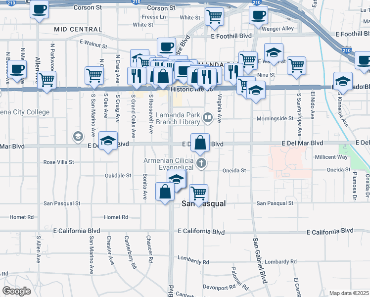 map of restaurants, bars, coffee shops, grocery stores, and more near 2428 East Del Mar Boulevard in Pasadena
