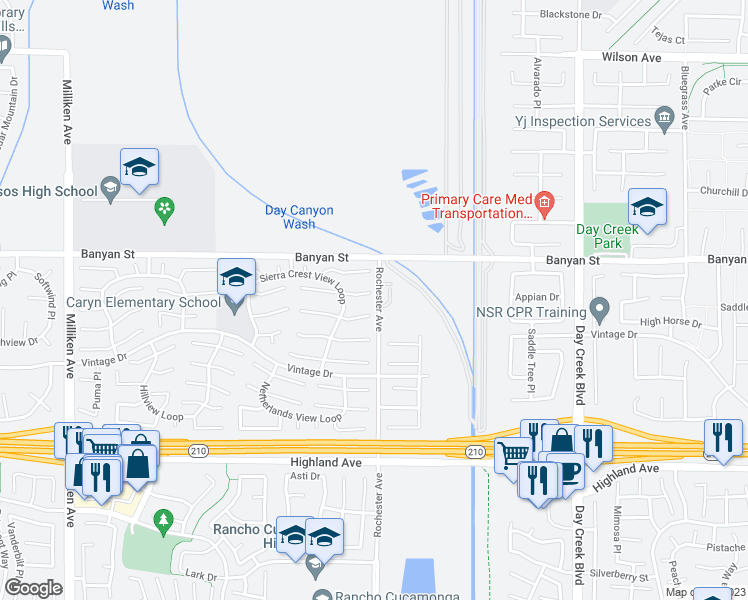 map of restaurants, bars, coffee shops, grocery stores, and more near 11899 Mount Cambridge Court in Rancho Cucamonga