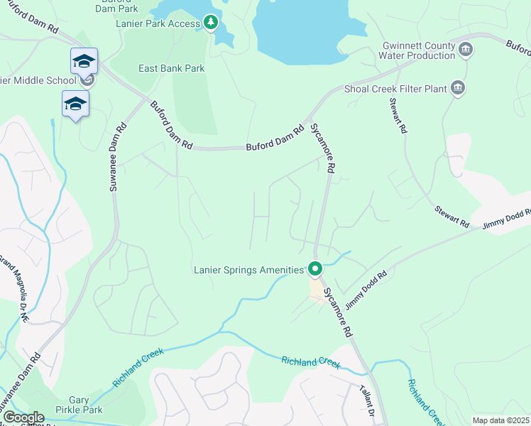 map of restaurants, bars, coffee shops, grocery stores, and more near 1183 Lanier Springs Drive Northeast in Buford