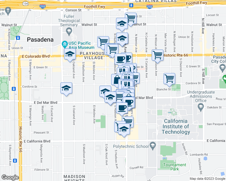 map of restaurants, bars, coffee shops, grocery stores, and more near 231 South Hudson Avenue in Pasadena