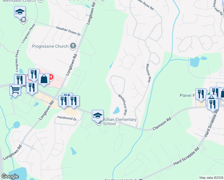 map of restaurants, bars, coffee shops, grocery stores, and more near 217 Whitehurst Way in Columbia