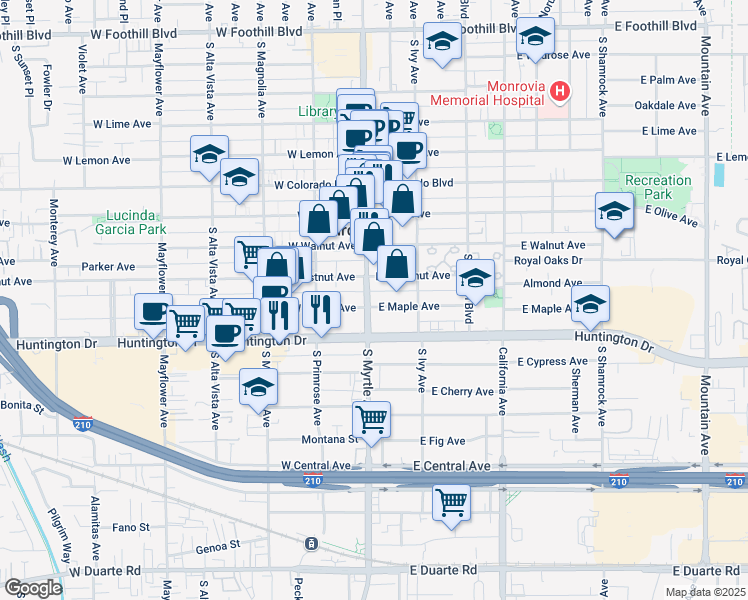 map of restaurants, bars, coffee shops, grocery stores, and more near 928 South Myrtle Avenue in Monrovia