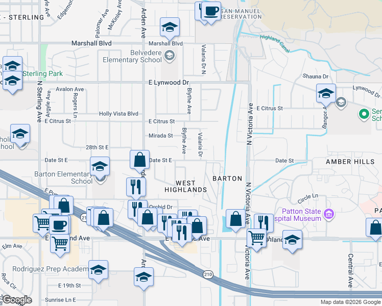 map of restaurants, bars, coffee shops, grocery stores, and more near 26278 Date Street East in Highland