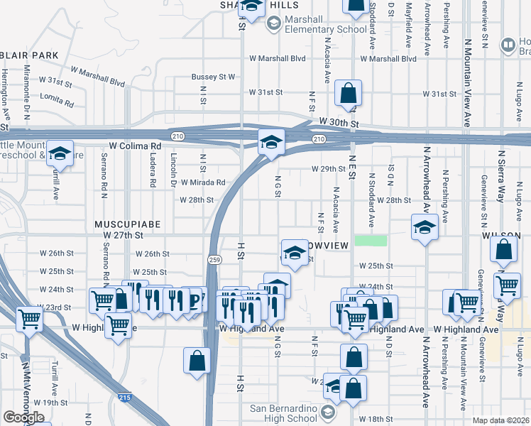 map of restaurants, bars, coffee shops, grocery stores, and more near 2748 North Crescent Avenue in San Bernardino