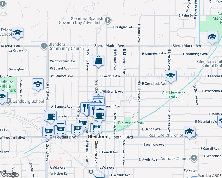 map of restaurants, bars, coffee shops, grocery stores, and more near 354 North Vista Bonita Avenue in Glendora