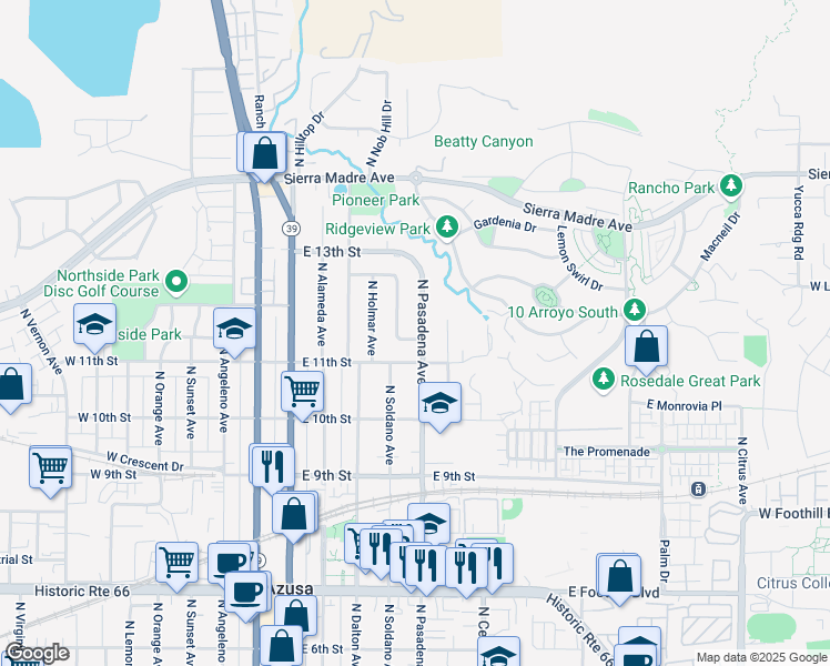 map of restaurants, bars, coffee shops, grocery stores, and more near 1109 North Soldano Drive in Azusa