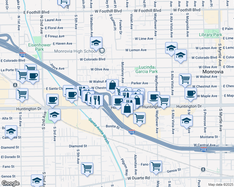 map of restaurants, bars, coffee shops, grocery stores, and more near 745 West Huntington Drive in Monrovia