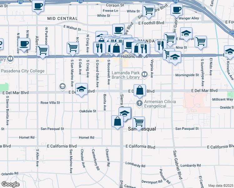 map of restaurants, bars, coffee shops, grocery stores, and more near 270 South Roosevelt Avenue in Pasadena