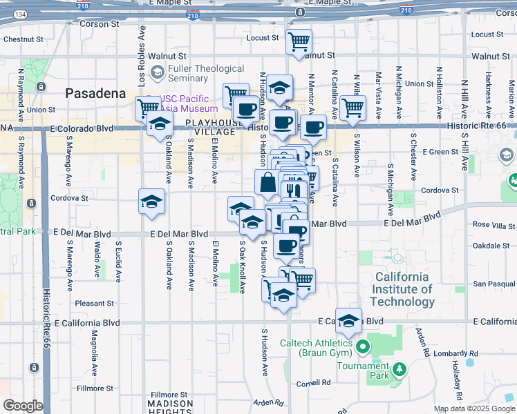 map of restaurants, bars, coffee shops, grocery stores, and more near 257 South Hudson Avenue in Pasadena
