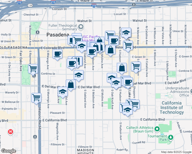 map of restaurants, bars, coffee shops, grocery stores, and more near 255 South Madison Avenue in Pasadena
