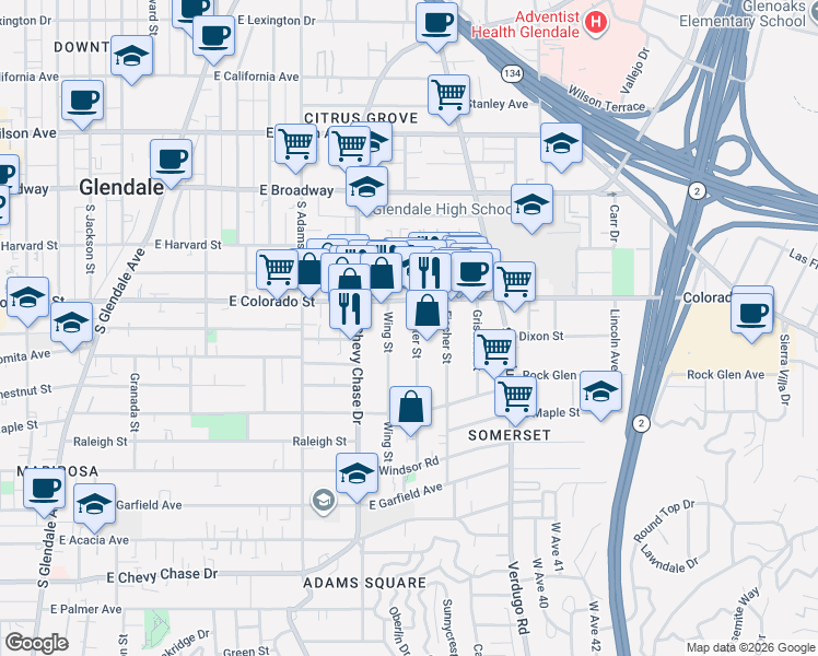 map of restaurants, bars, coffee shops, grocery stores, and more near 405 Porter Street in Glendale