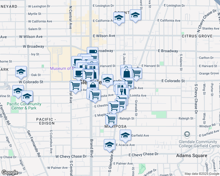 map of restaurants, bars, coffee shops, grocery stores, and more near 400 South Louise Street in Glendale