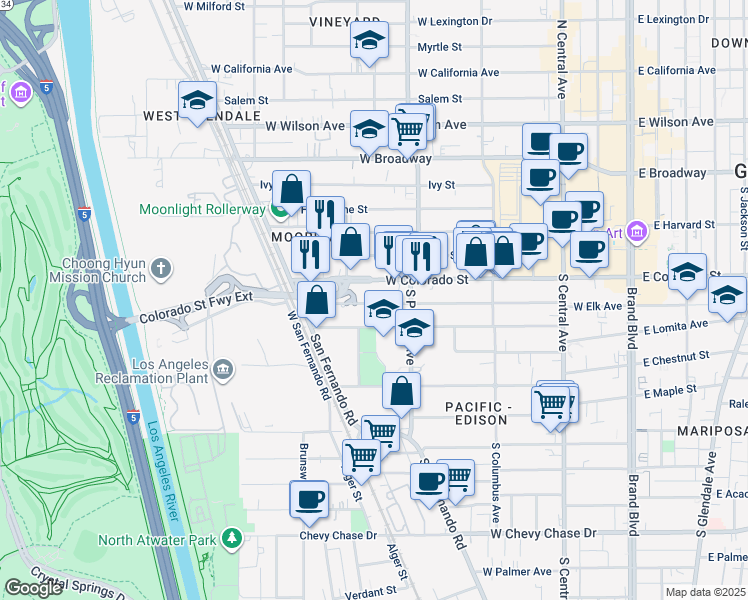map of restaurants, bars, coffee shops, grocery stores, and more near 534 West Elk Avenue in Glendale