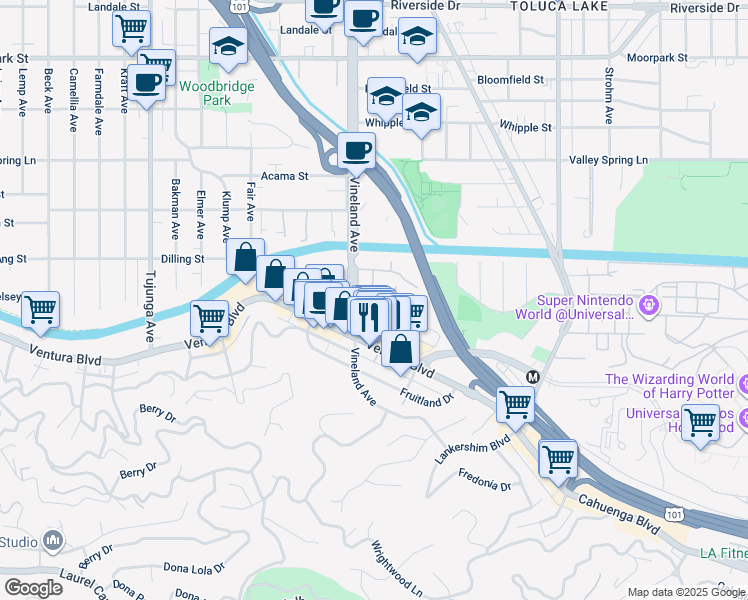 map of restaurants, bars, coffee shops, grocery stores, and more near 10978 Bluffside Drive in Los Angeles