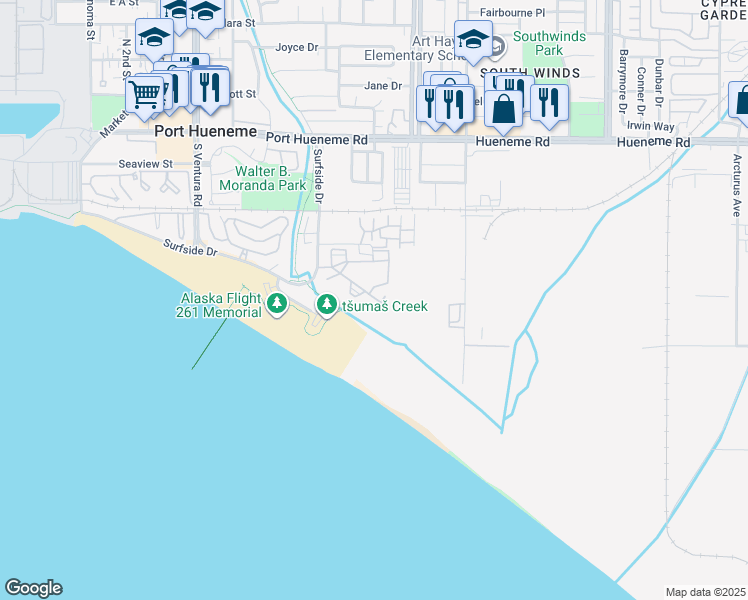 map of restaurants, bars, coffee shops, grocery stores, and more near 751 Reef Circle in Port Hueneme