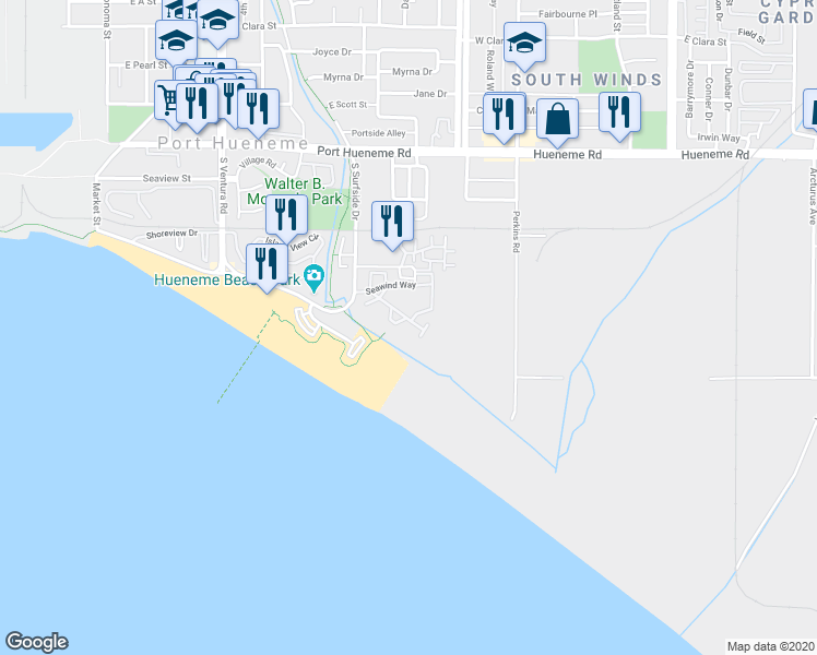 map of restaurants, bars, coffee shops, grocery stores, and more near 751 Reef Circle in Port Hueneme