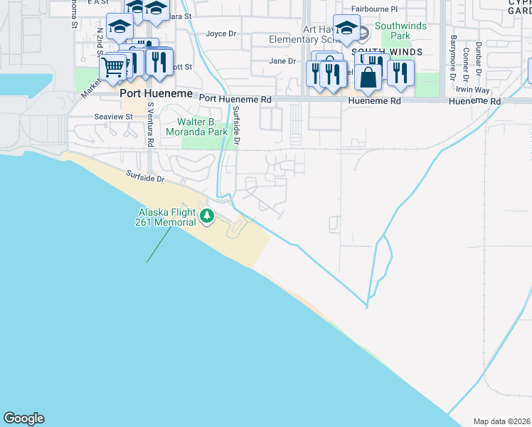 map of restaurants, bars, coffee shops, grocery stores, and more near 751 Reef Circle in Port Hueneme