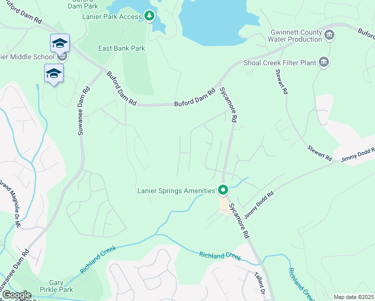 map of restaurants, bars, coffee shops, grocery stores, and more near 1183 Lanier Springs Drive Northeast in Buford