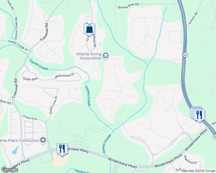 map of restaurants, bars, coffee shops, grocery stores, and more near 2550 Goodrick Lane in Cumming